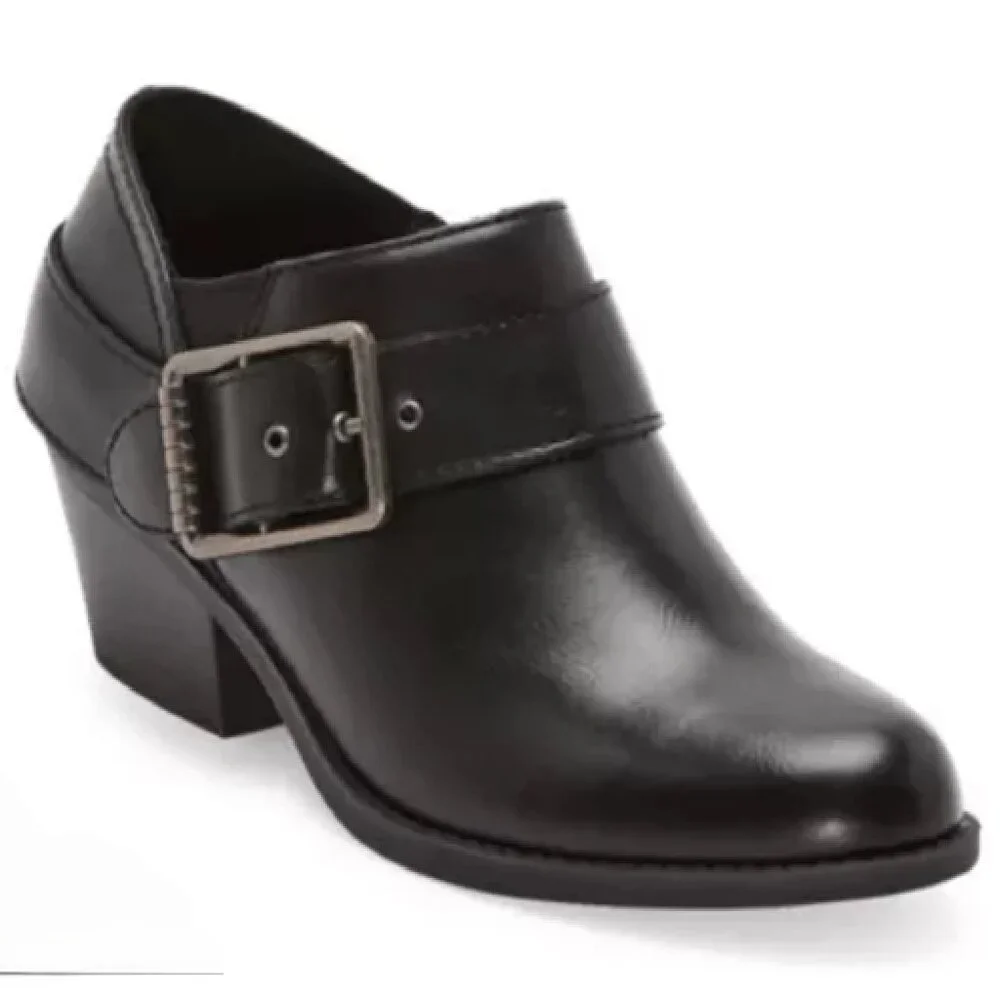 Frye & Co Womens Size 9.5M Berlyn Stacked Heel Booties Black Buckle Detail